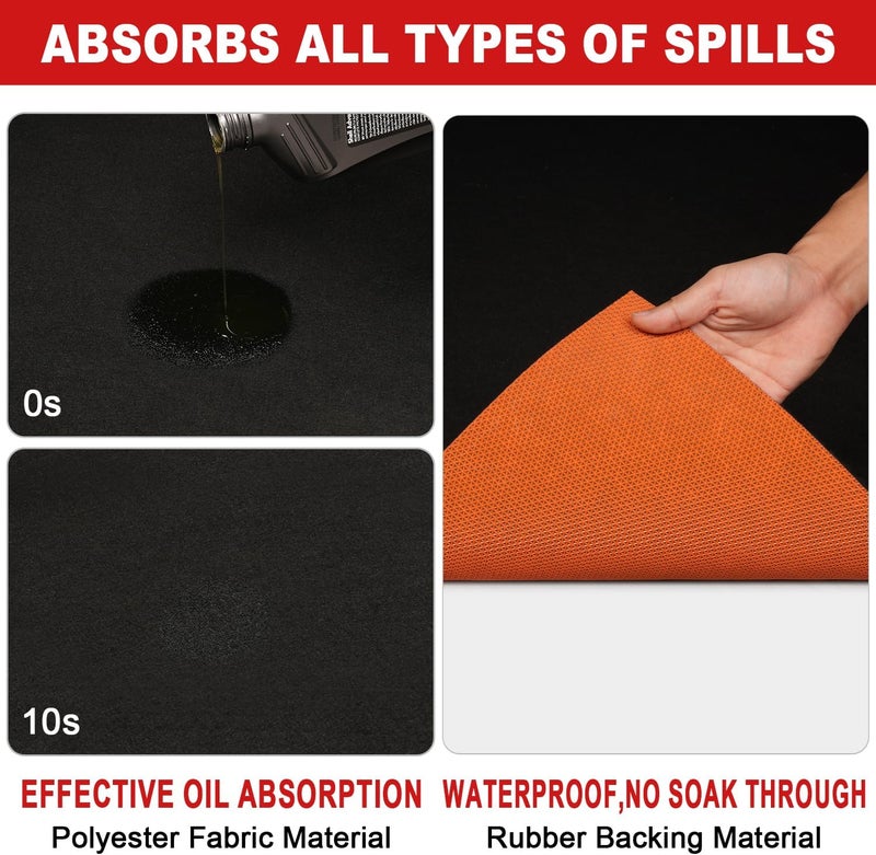 Golener Oil Spill Mat - Garage Floor Mat, Absorbent Oil Pad, Premium Maintenance Mat, Waterproof, Contain Liquid, Protect Floor from Spill & Stain, Reusable, Washable, Durable, 48”x96”, Black/Orange - Image 4